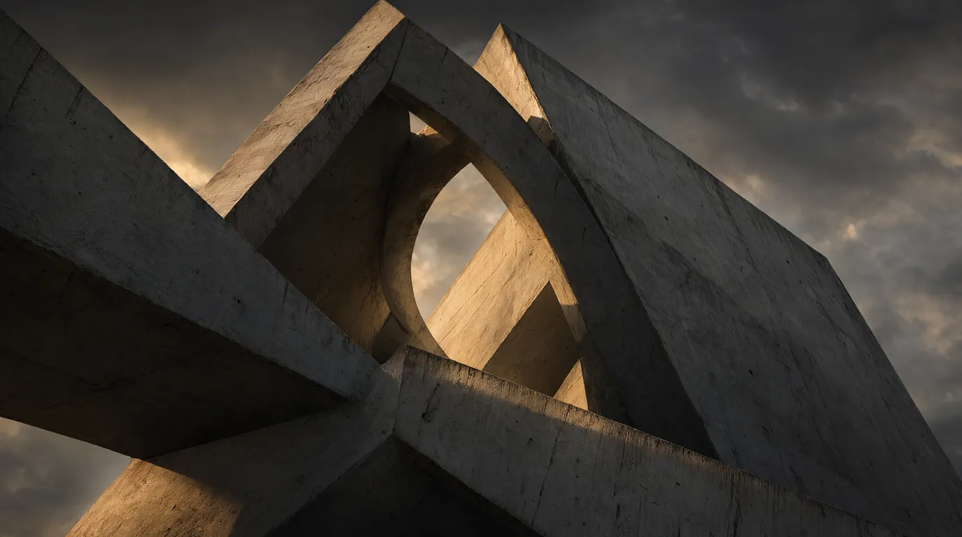 Two interlocking concrete arches meeting beneath a dramatic sky.