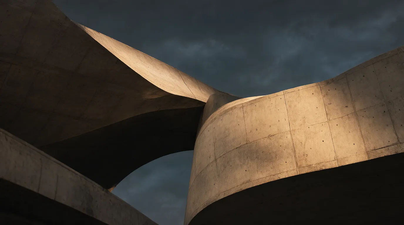 Two curved concrete forms twisting together into a single joint.