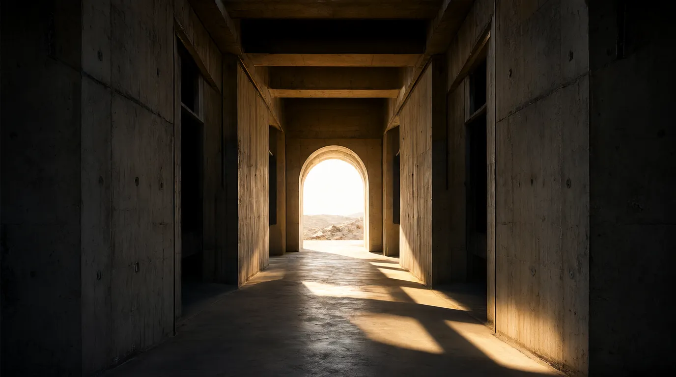 A concrete corridor opening onto bright light, as if something has just arrived.