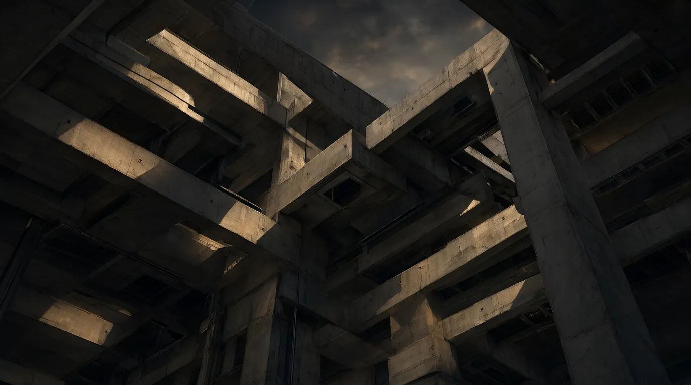 A dense lattice of crossing concrete beams overhead.