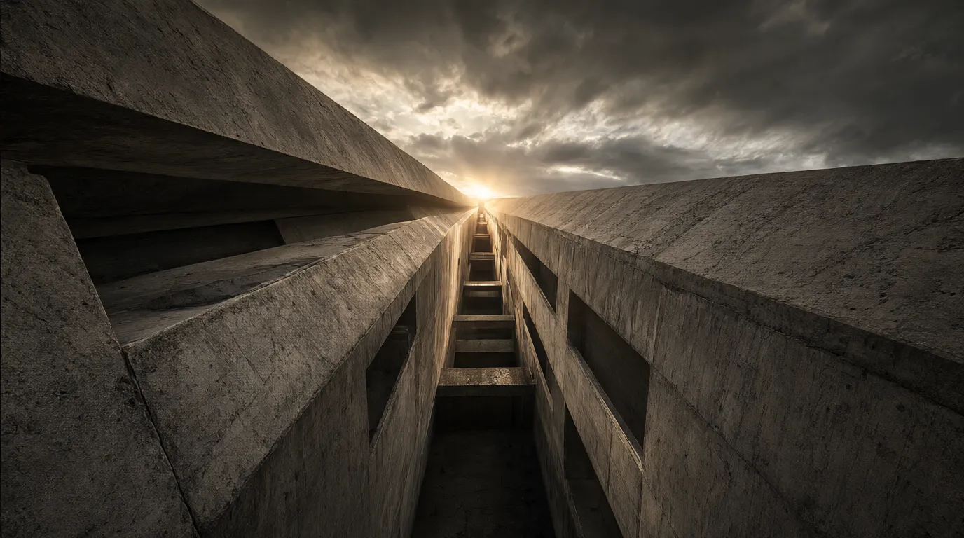A concrete channel narrowing toward a single point of light.