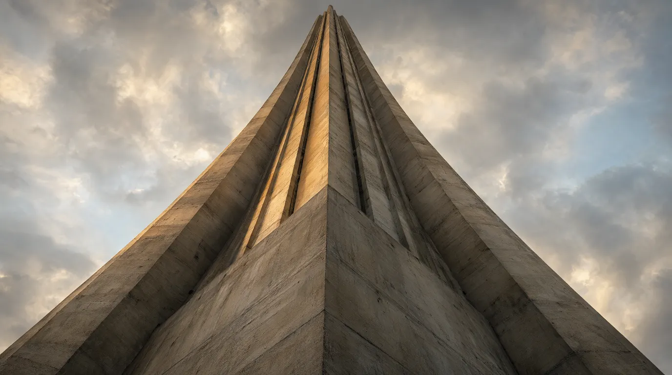 A concrete spire rising into a dramatic sky.
