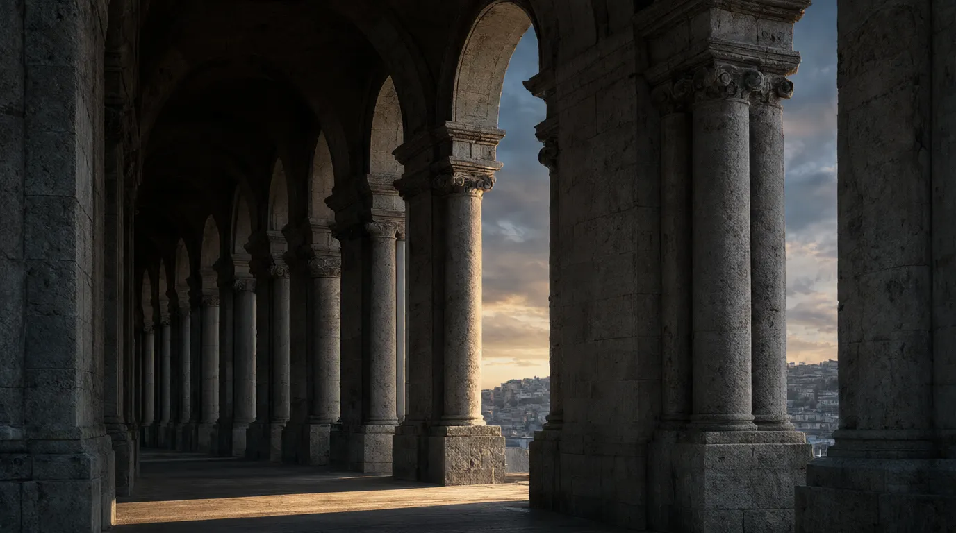 A stone colonnade opening onto a distant hillside city.