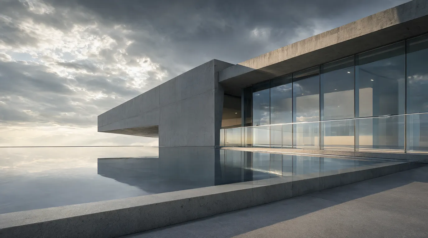 Modern concrete and glass architecture reflected in still water.