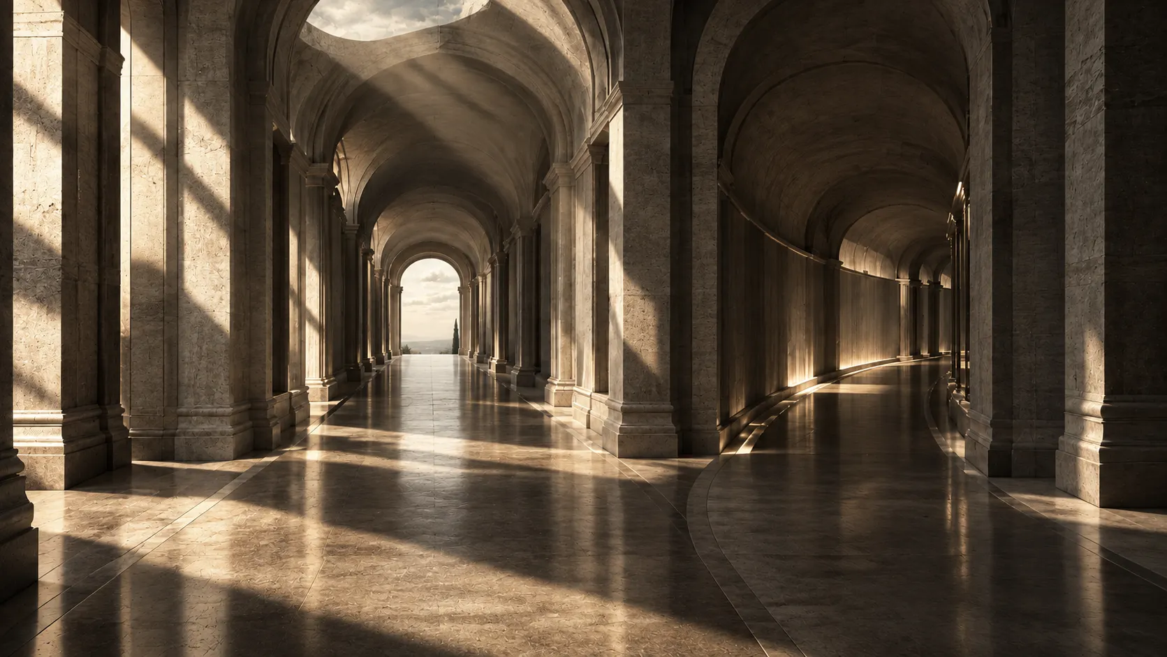 Sunlit marble colonnade opening onto a distant hillside city.