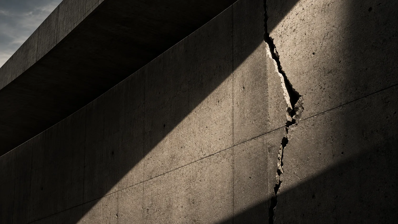 Weathered concrete wall with a fine, branching crack.