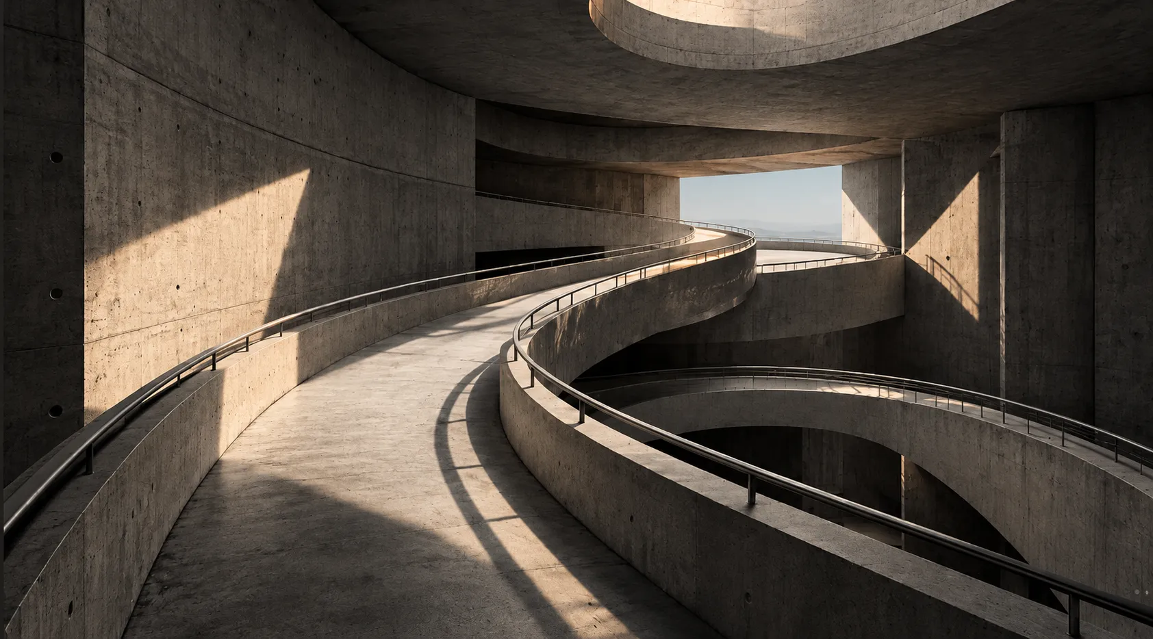 A curving concrete ramp leading away through an open structure.